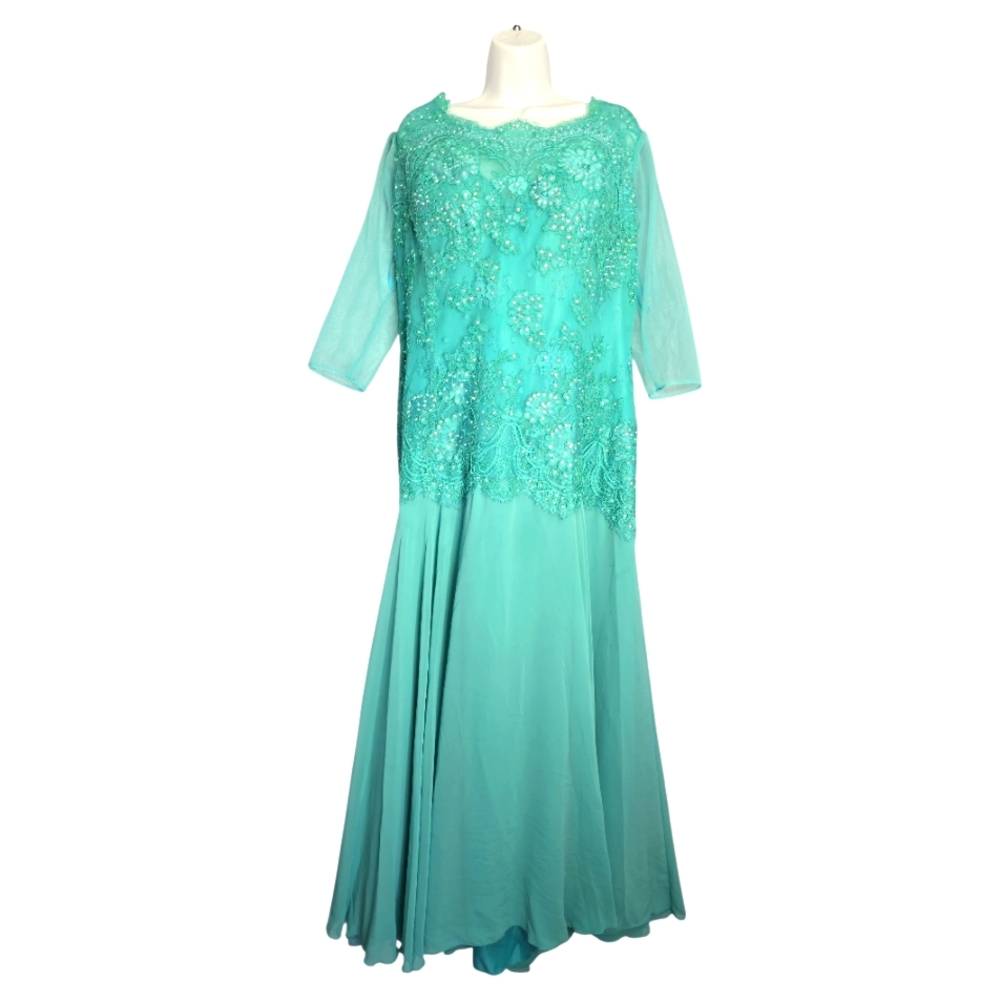 SHANKARA Women's Teal Green Lace Rhinestone Evening Maxi Dress Size (3X) XXXL
